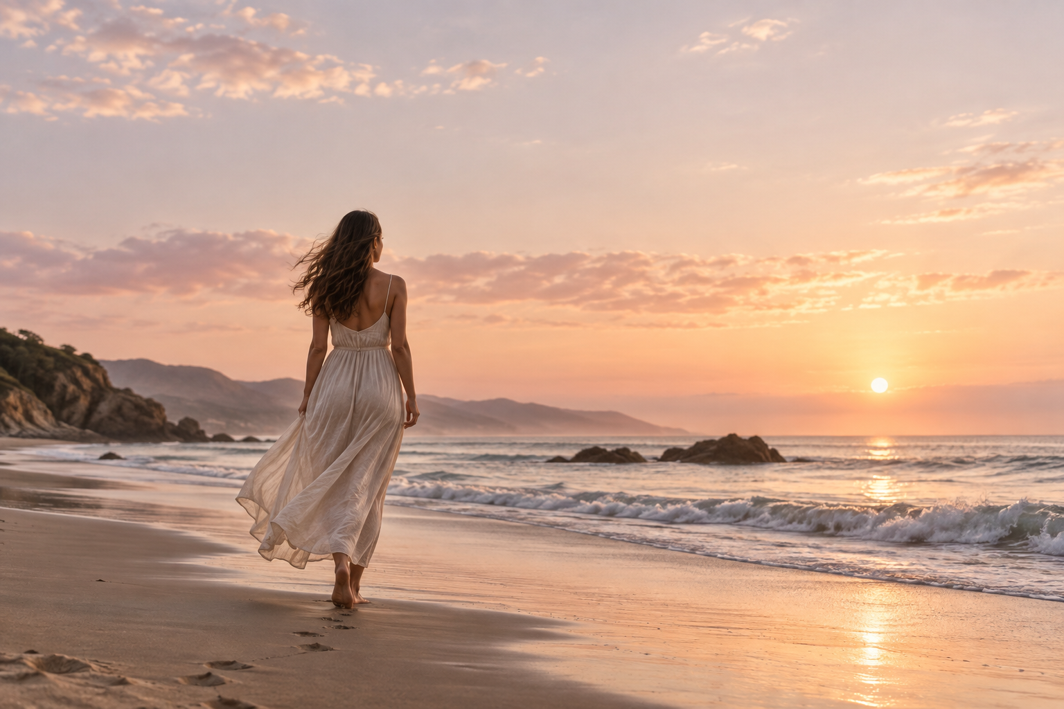 Woman walking beside the sea at a hopeful sunrise