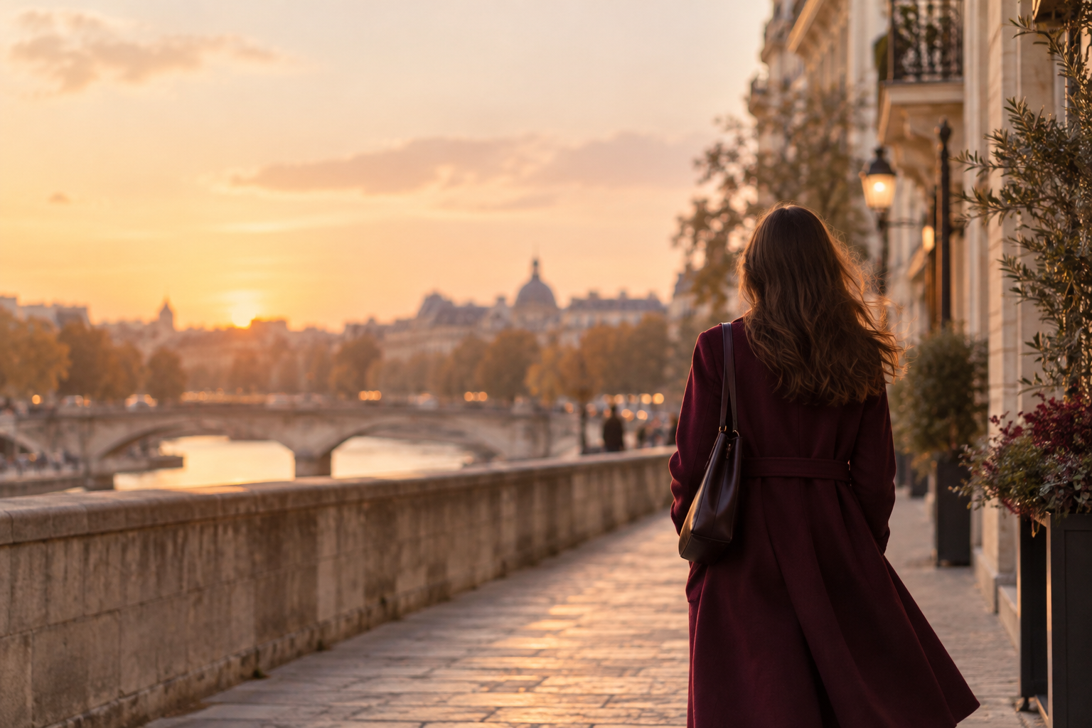 Woman walking confidently through a city at dusk