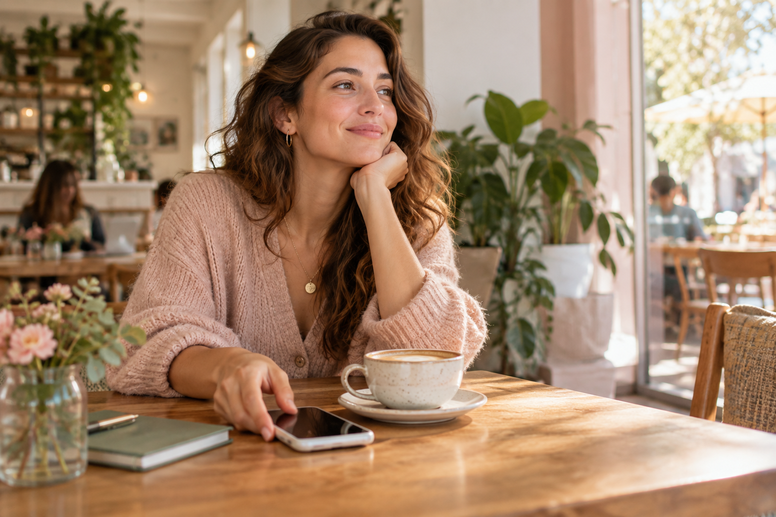 Woman choosing a quiet moment for herself in a bright cafe