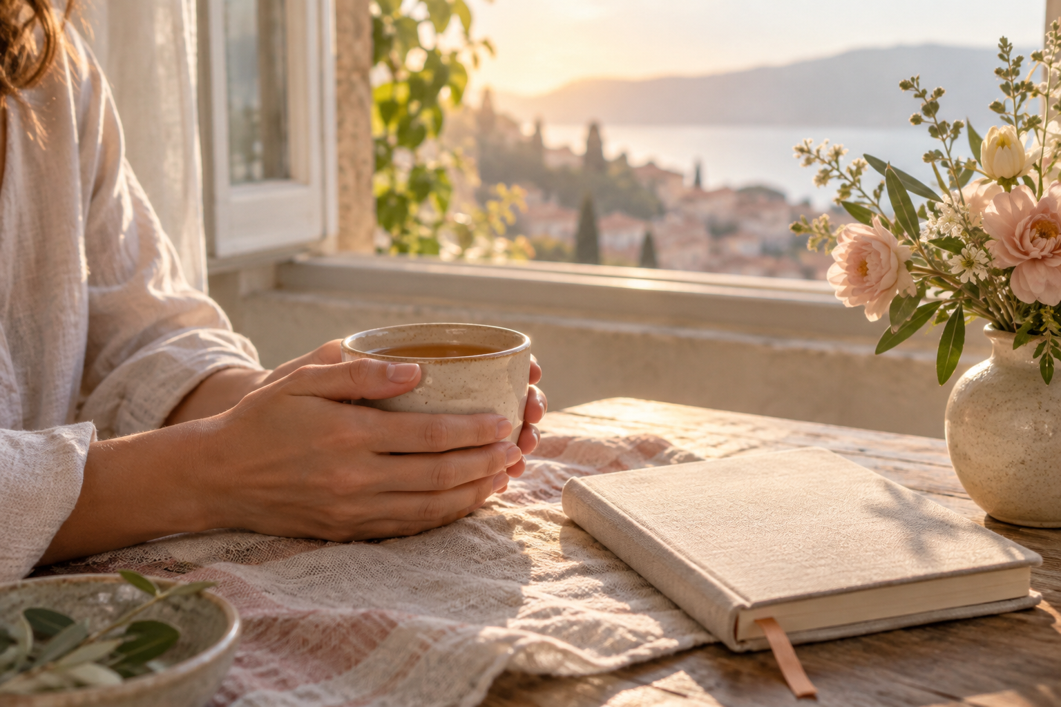 Morning tea and journal by an open sunlit window