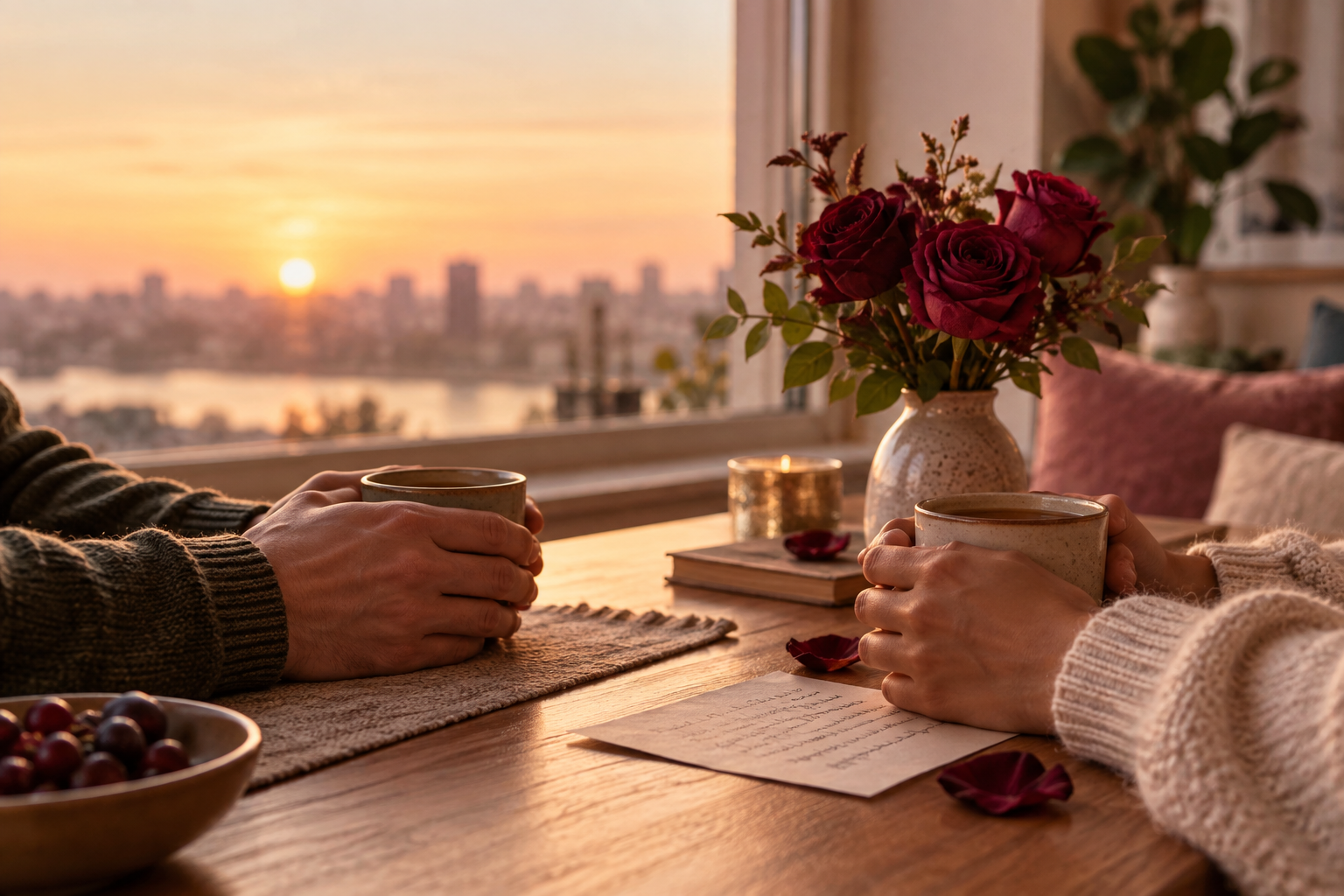 Two people sharing tea by a sunset window