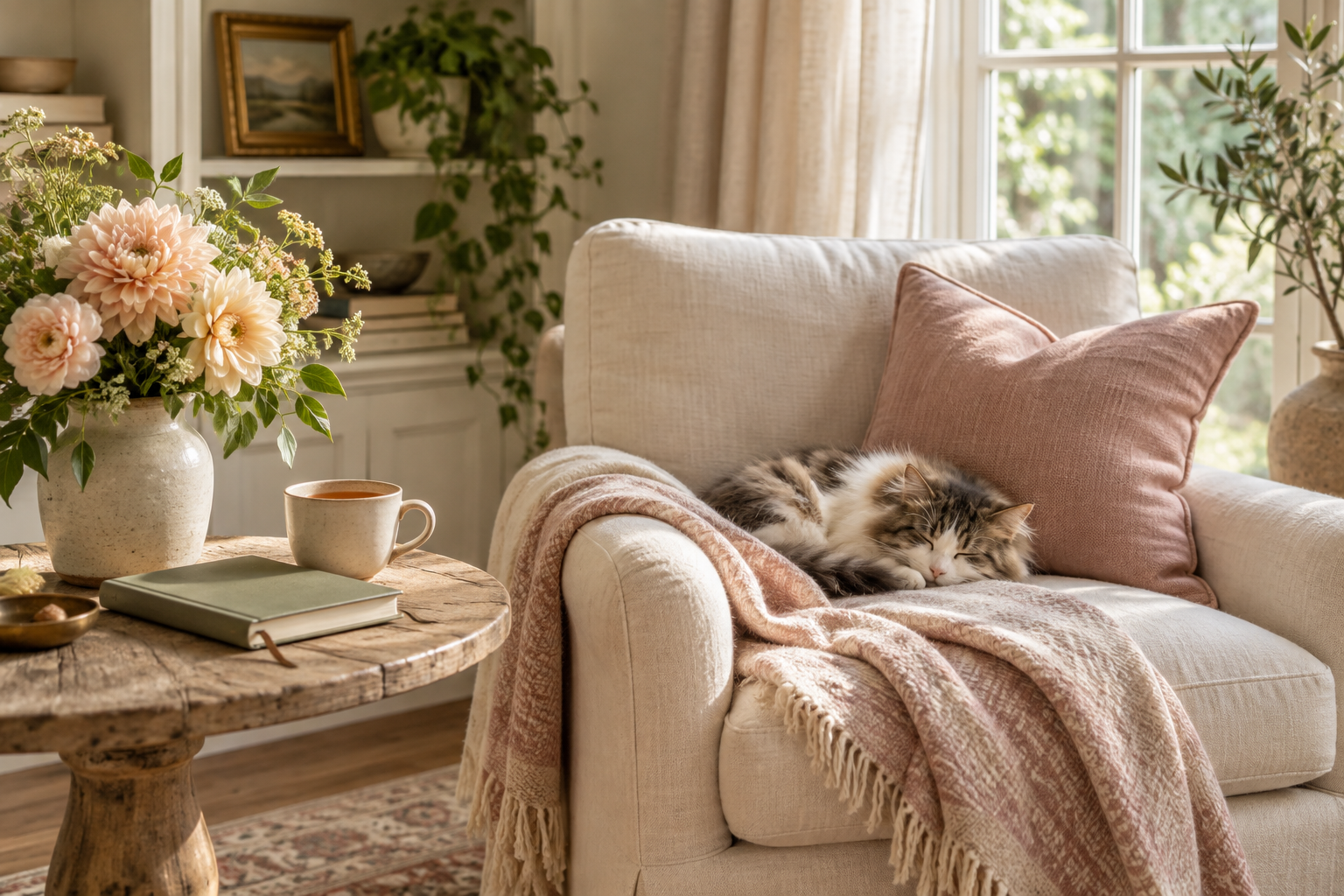 Warm home corner with linen, tea, flowers and a journal