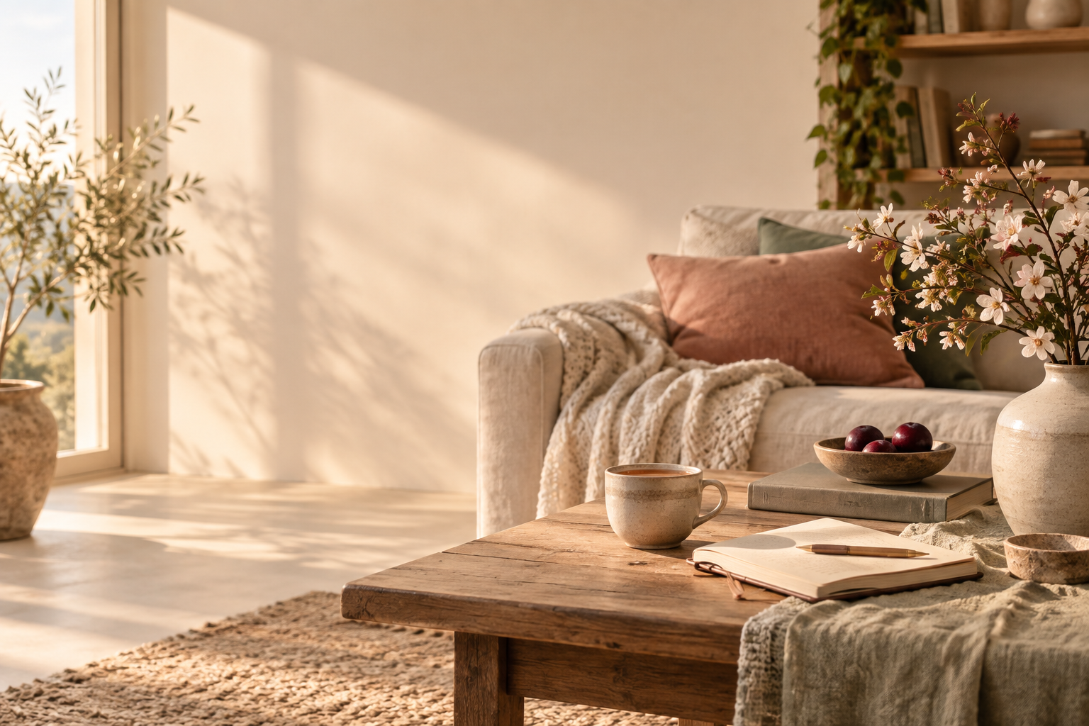 Warm intentional living room with journal, tea and botanical details