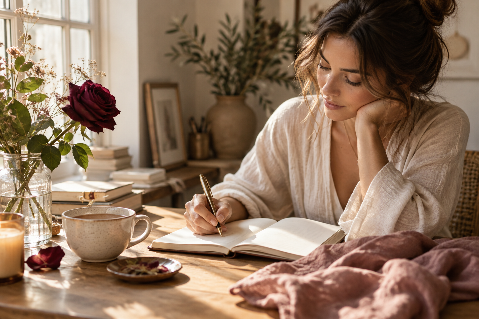 Woman journaling beside tea, linen and a deep berry rose
