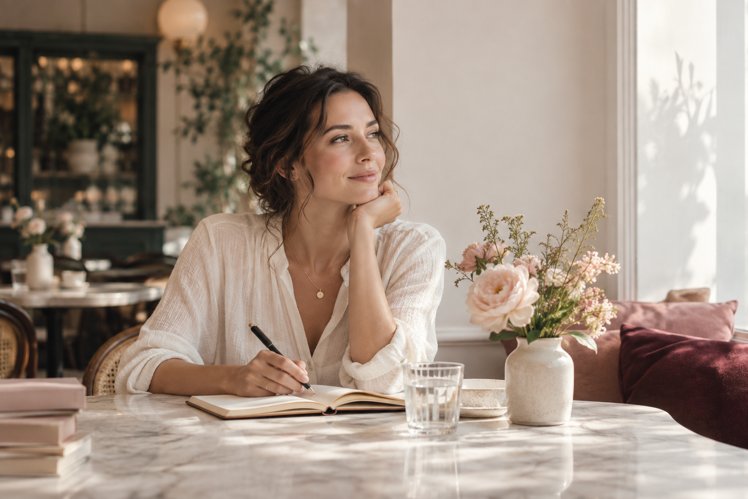 Woman reflecting in a sunlit cafe with a notebook