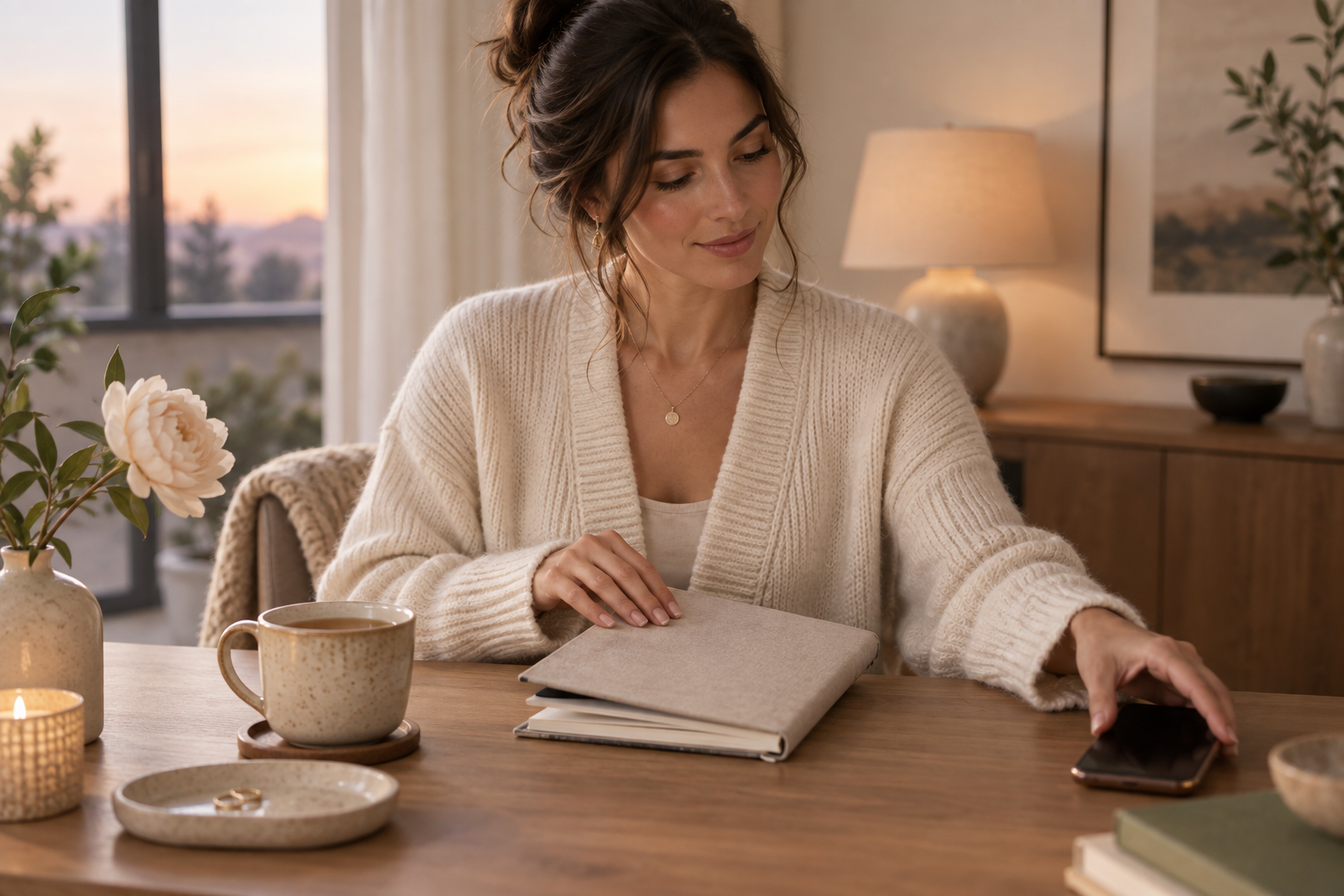 Woman setting her phone aside at the end of a full day