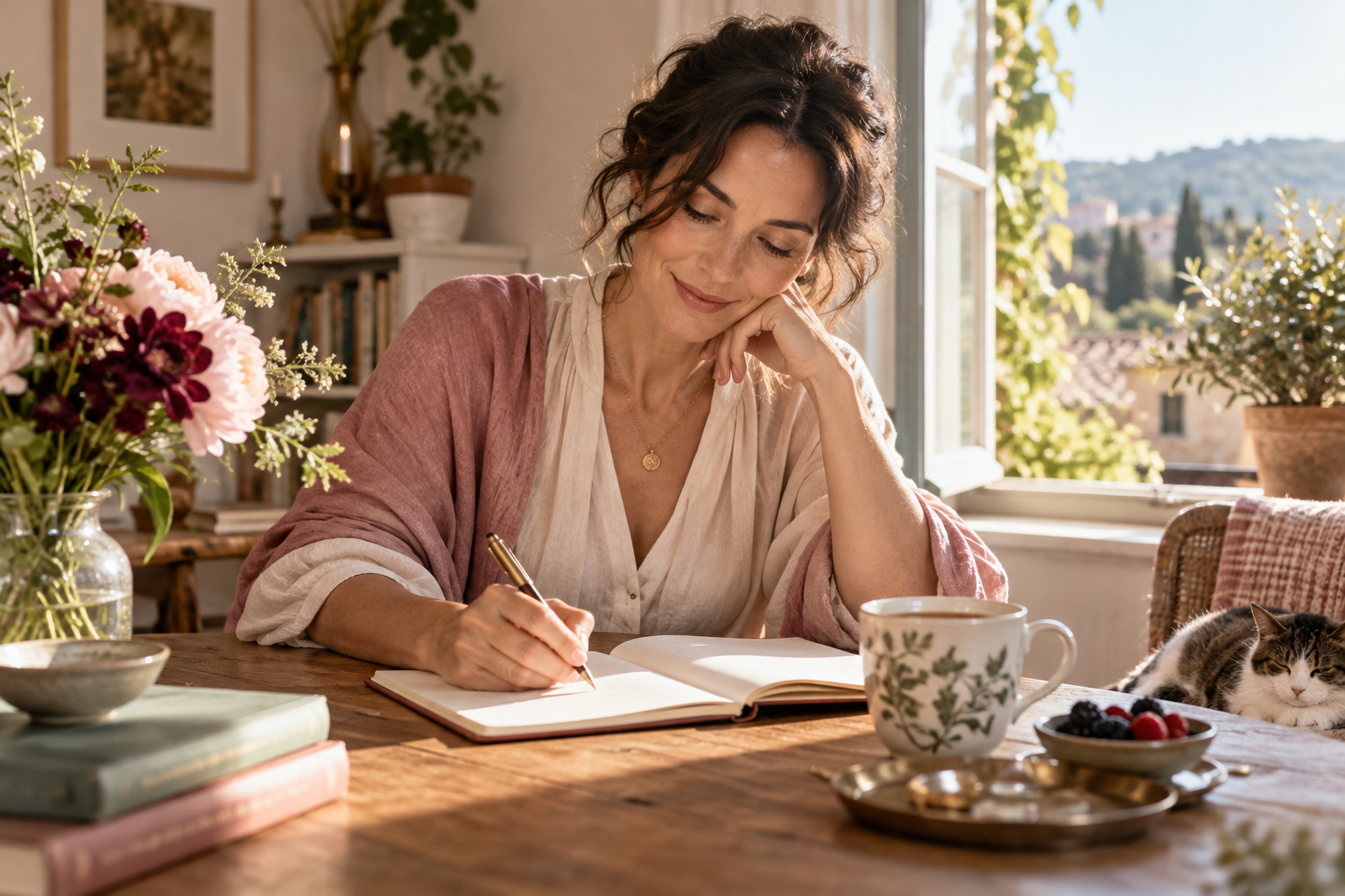 Woman writing to herself at a sunlit table with tea and flowers