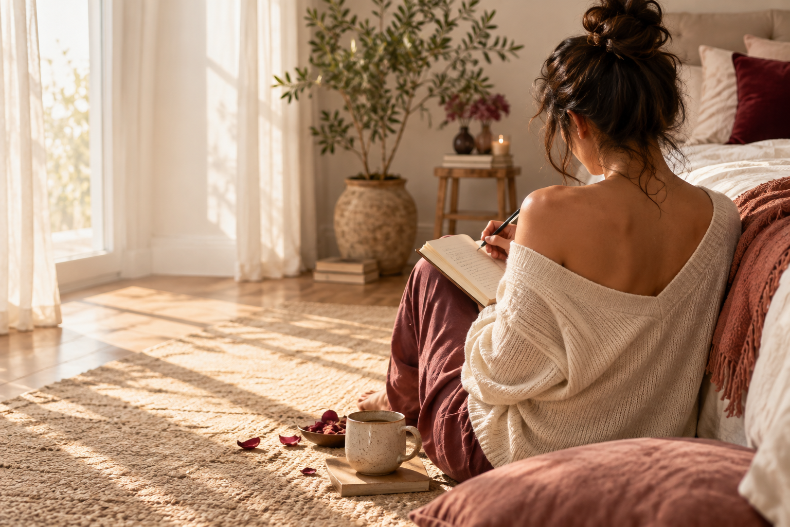 Woman writing in a journal in a sunlit room