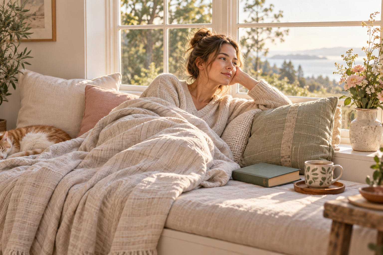Woman resting on a sunlit window seat with tea nearby
