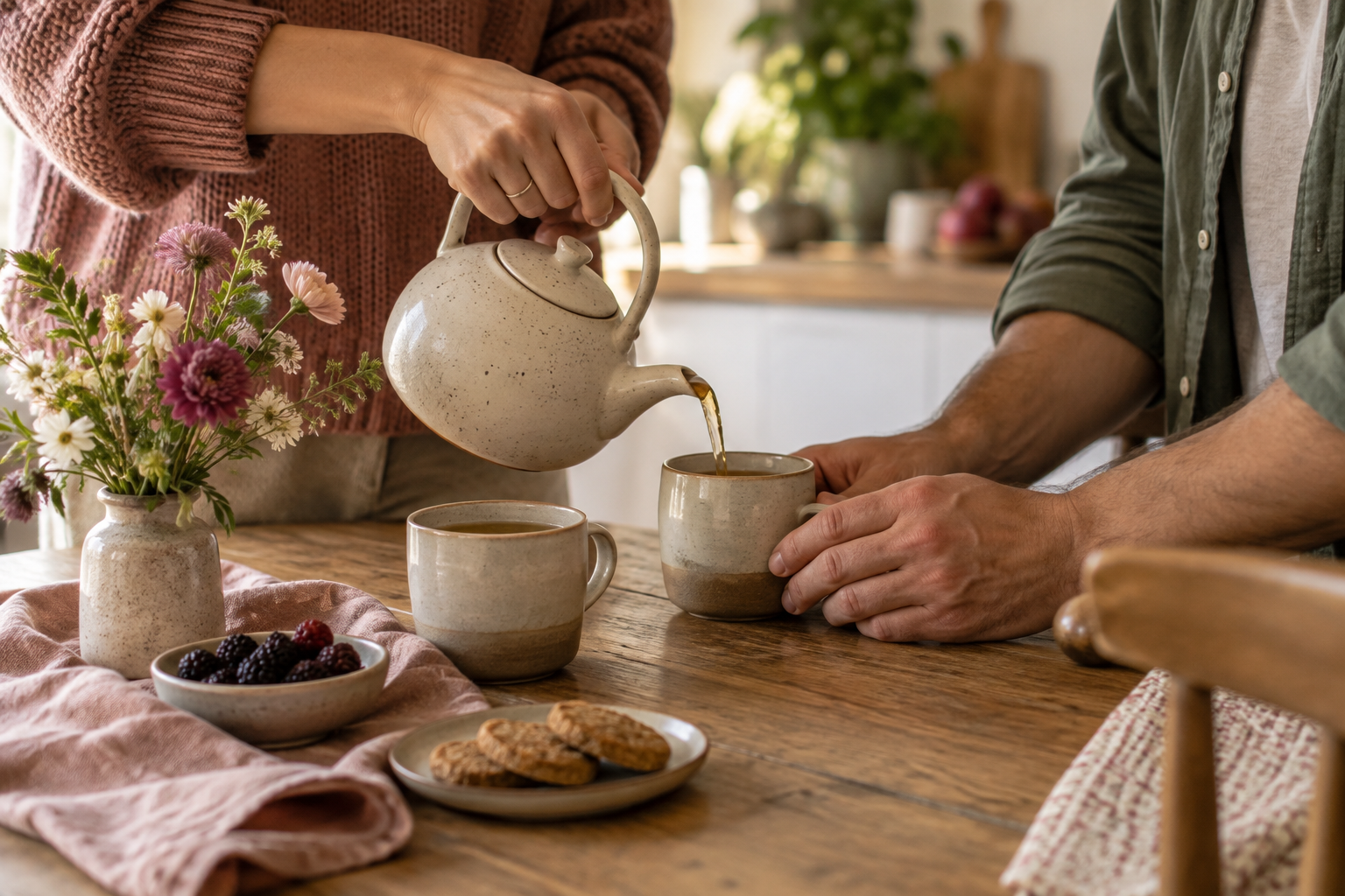 Two partners preparing tea together at a warm table