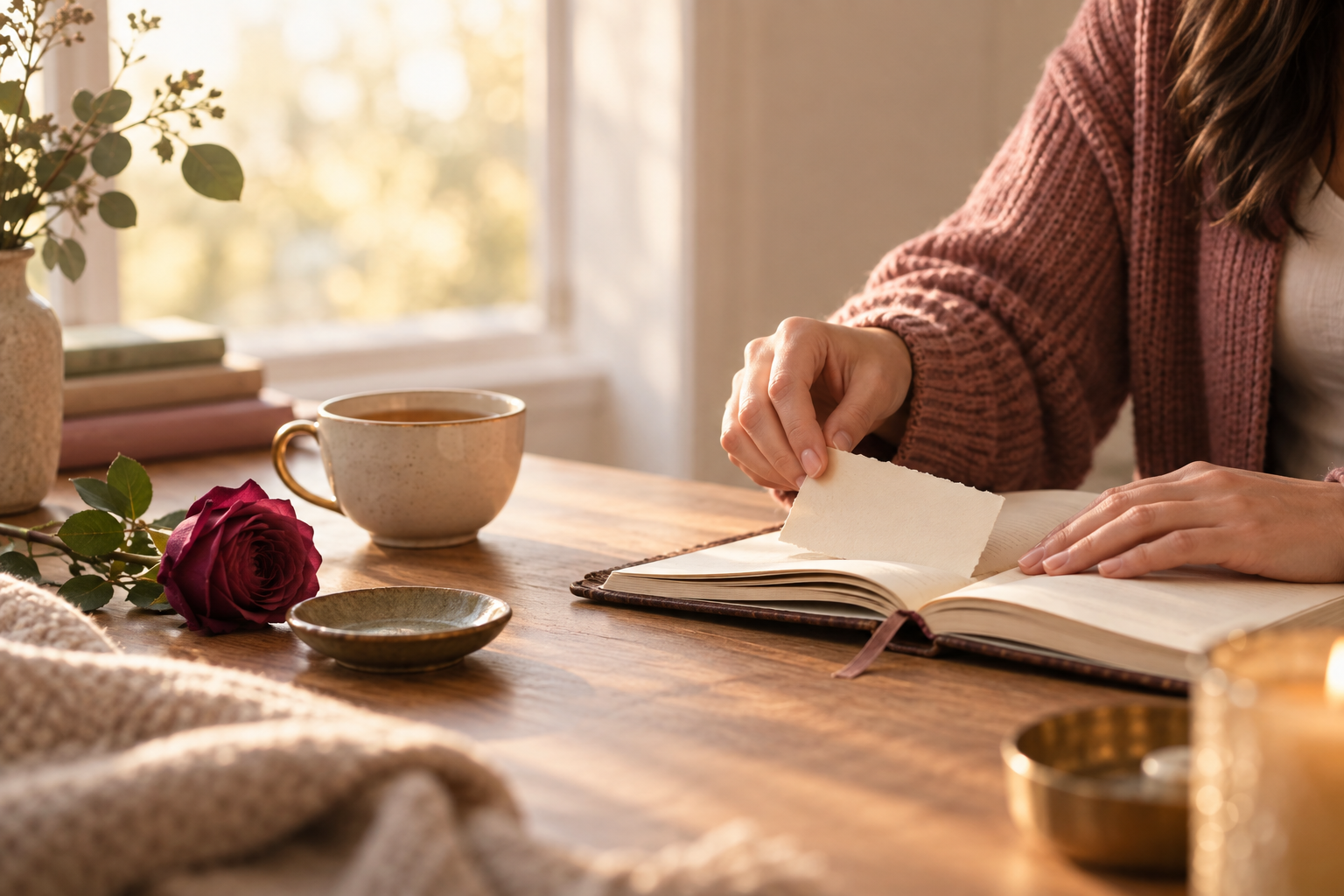 Woman writing in a journal beside tea and a deep berry rose