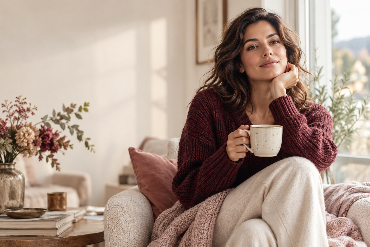 Woman speaking with calm confidence in a sunlit room