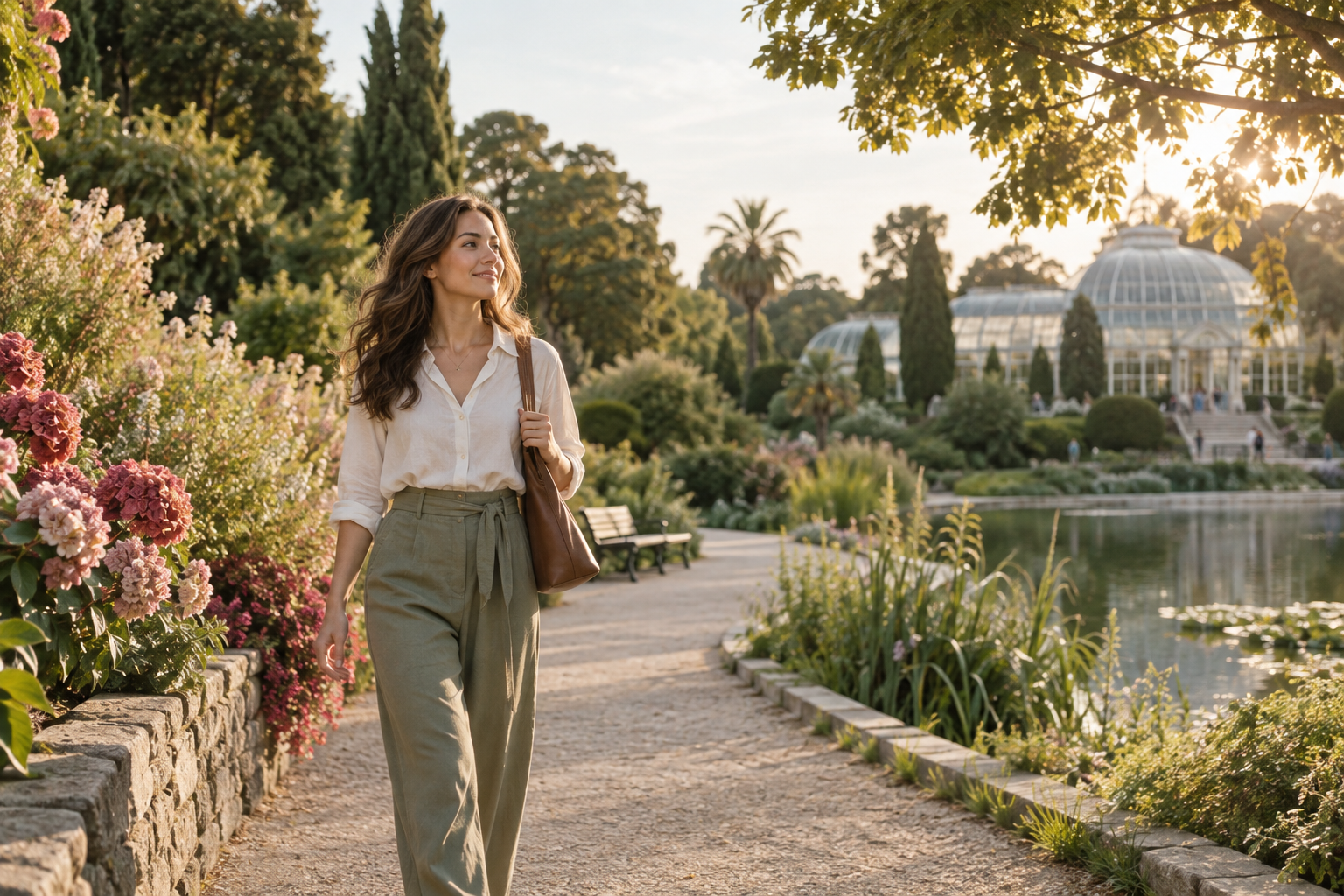 Woman taking a relaxed walk through a botanical park
