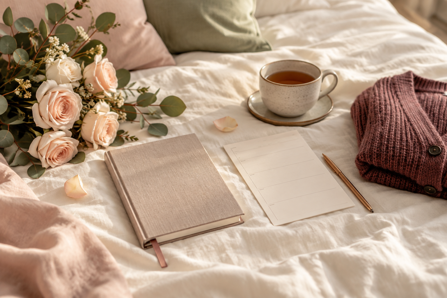 Sunday reset with tea, notebook and pale roses on linen